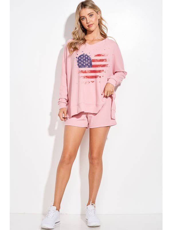 Lemon Tree - Wholesale Lounge Set - Women's - American flag heart v neck loungewear set