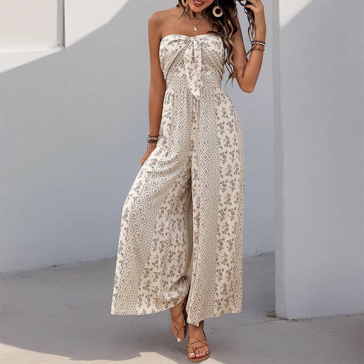 FULL TIME PURCHASE - Wholesale Jumpsuit - Women's - Strapless Smocked Romper Tube Top Flare Trousers Jumpsuit1