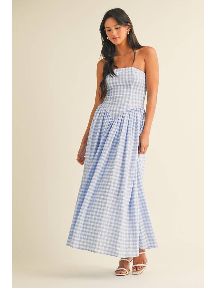 Klesis - Wholesale Dress - Women's - ID9088 GINGHAM DROPWAIST STRAPLESS MAXI DRESS