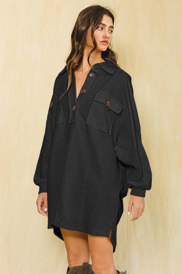 Rose Mini-robe ample à col en tricot à texture unie D4202 en vente sur Faire1