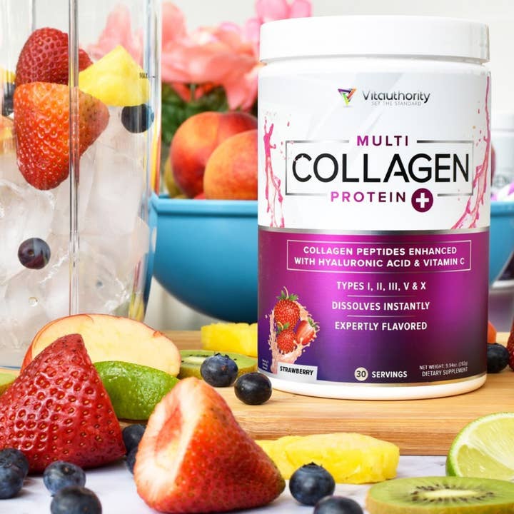 Vitauthority - Vente Supplément oral/vitamine - Poudre de Protéines Multi-Collagène : Fraise, Santé des Os et de l'Intestin