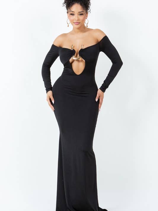 Robe longue à épaules dénudées avec bordure en W pour la vente par Belita Collection