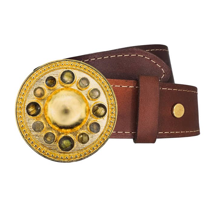 LUNAIRE Facetteret Labradorit Ædelsten Guldspænde + Håndlavet Læderbælte for engroshandel hos Bijoux Buckles