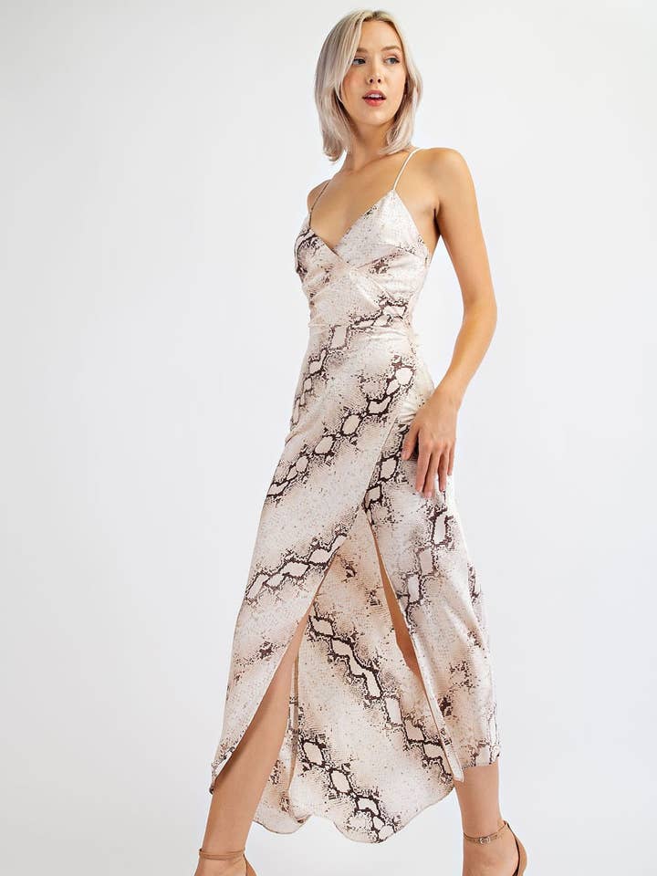 MD1468 SNAKE PRINT SATIN LONG SURPLICE SLIP DRESS for wholesale by Edit by Nine