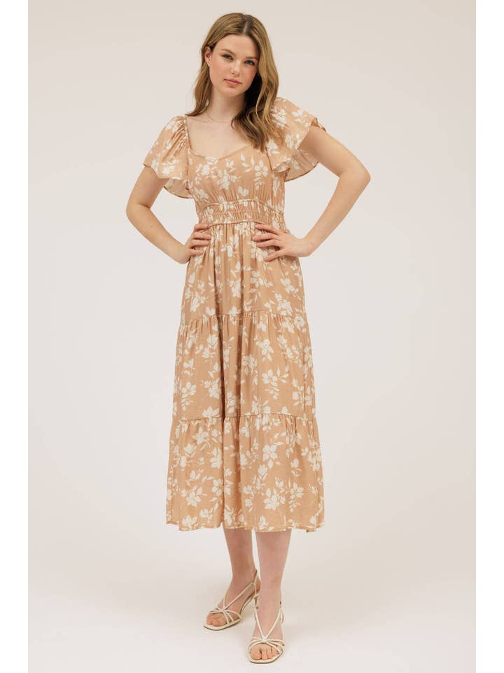 MINE - Wholesale Dress - Women's - FLORAL SCOOP NECK FLOUNCE SLEEVE TIERED MIDI DRESS