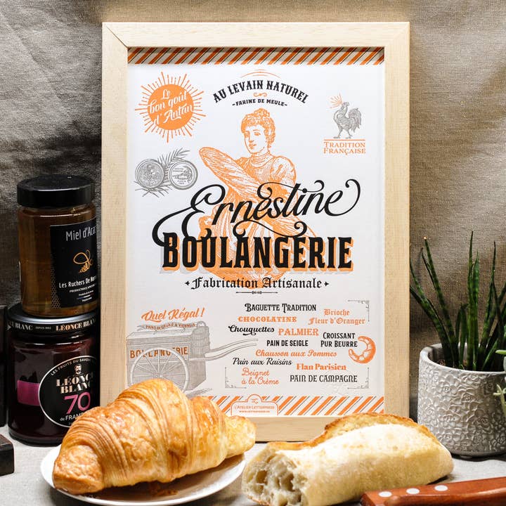 Stampa d'arte tipografica "Boulangerie Ernestine" poster cucina per la vendita all'ingrosso da parte di L'Atelier Letterpress