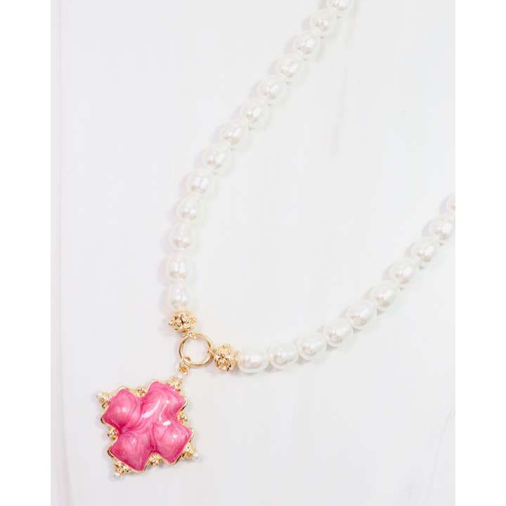 Caroline Hill - Wholesale Pendant/Charm Necklace - Edie Enamel Cross and Pearl Necklace Pink