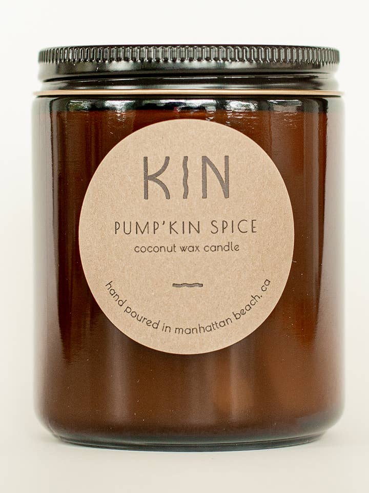 Pump'Kin Spice- 8oz Amber Jar for wholesale by Kin Candle Co.