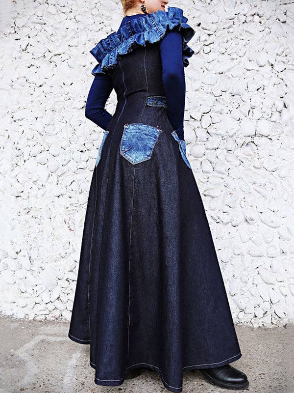 BLEU Robe maxi en jean à manches longues, coupe évasée, poches, empiècements et volants en vente sur Faire2