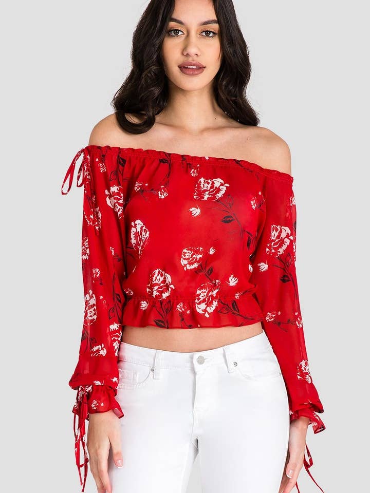 Modern Women's Off The Shoulder Red Floral Chiffon Shirt for wholesale by Standards & Practices