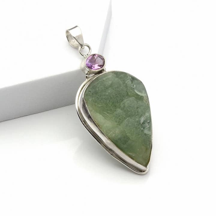 Raw prehnite with gemstone in sterling silver pendant for wholesale by UniArt