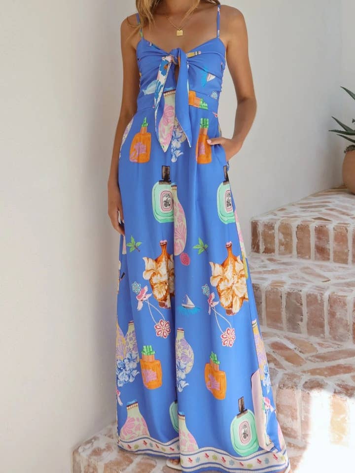 Perfume bottle printed tie-front cami wide leg jumpsuit for wholesale by Rosa Clothing