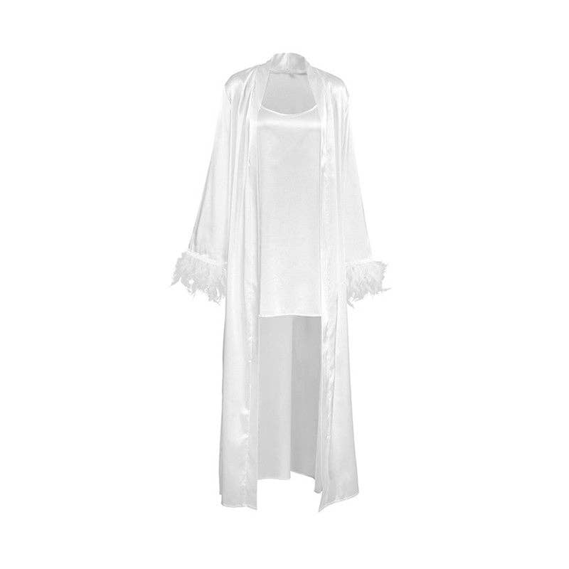 BLANC Ensemble 2 pièces : mini-robe à bretelles spaghetti et pyjama à manches plumes en vente sur Faire4