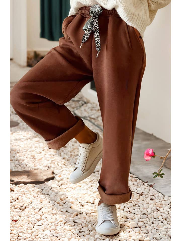 Little Daisy Closet - Wholesale Pants - Women's - LDC Fleece Lined Leopard Drawstring Elastic Waist Pants5