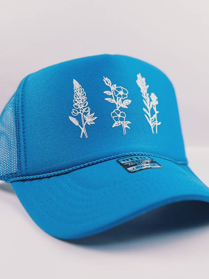 Wildflowers Adult Trucker Hat: Turquoise for wholesale by Made of Mountains