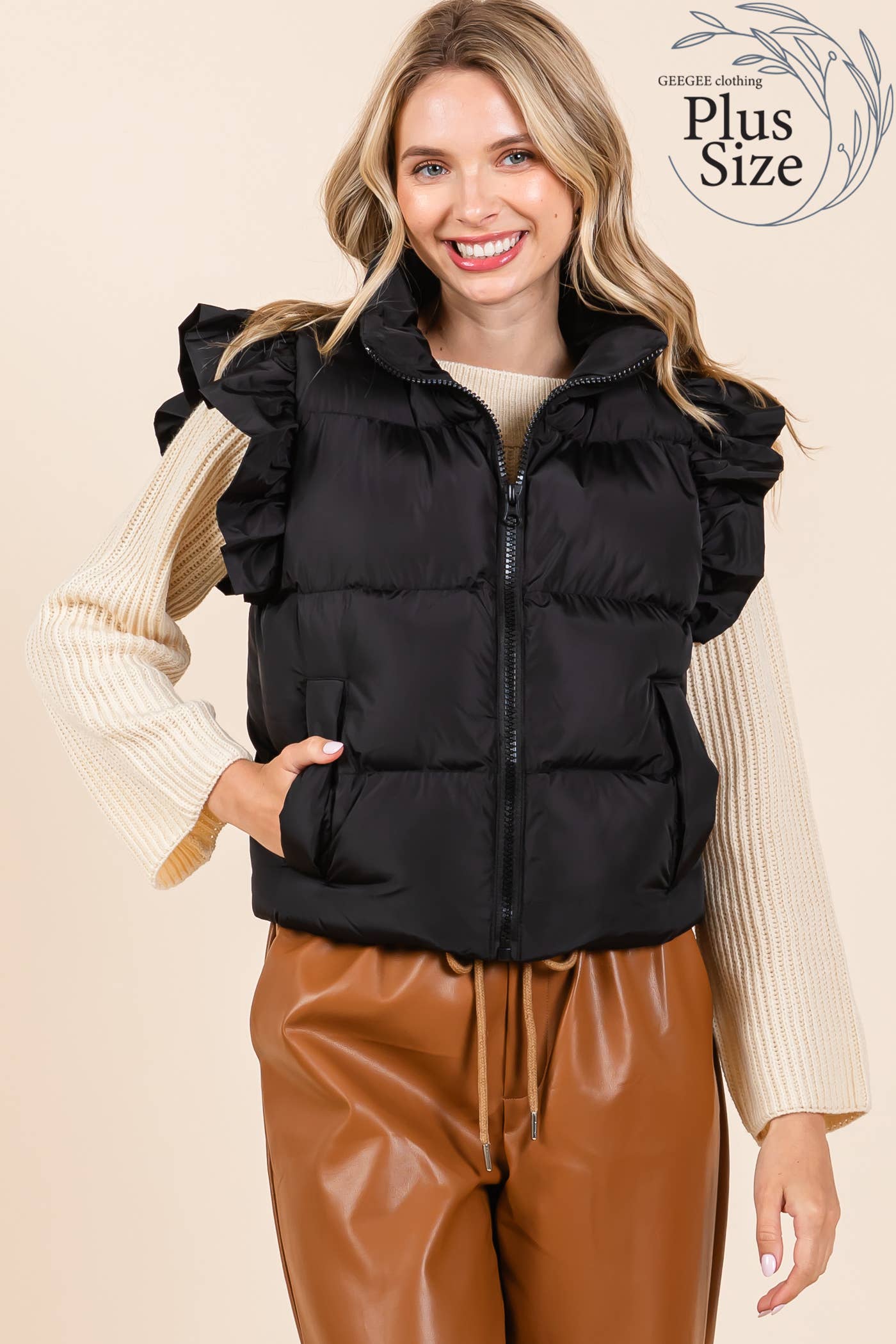 GeeGee x Lovelo - Wholesale Outerwear Vest - Women's - Plus Ruffled Sleeve Puffer Vest, MJ4501PL32