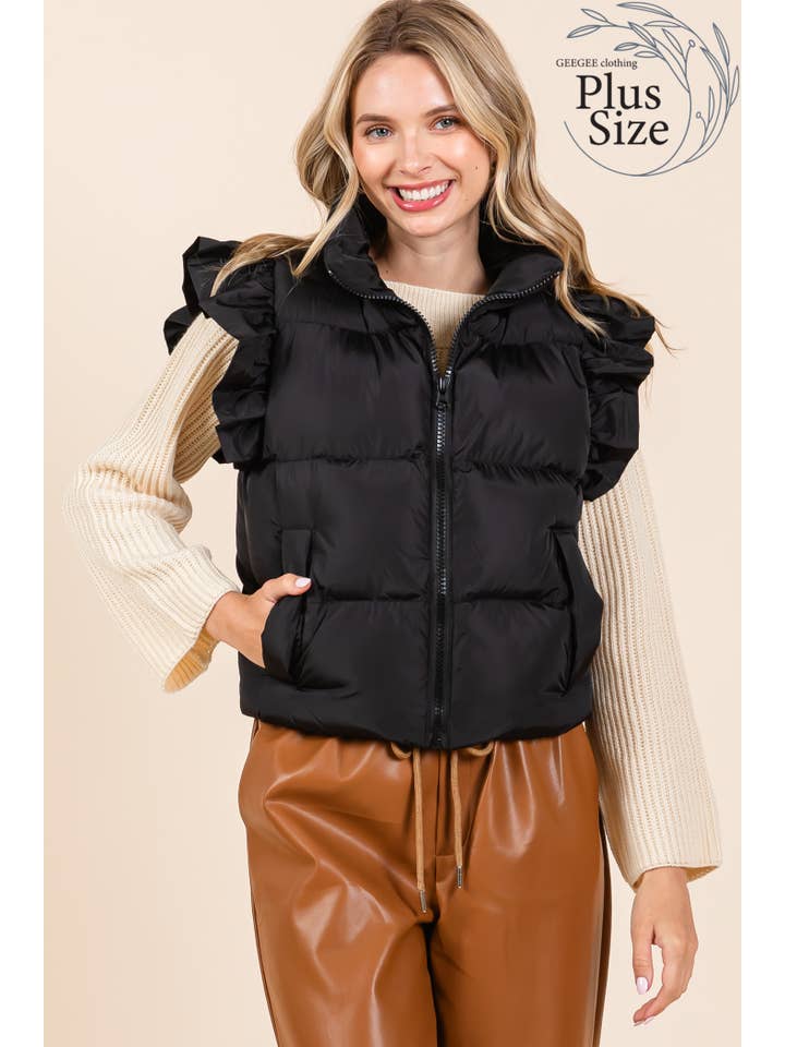 GeeGee x Lovelo - Wholesale Outerwear Vest - Women's - Plus Ruffled Sleeve Puffer Vest, MJ4501PL32
