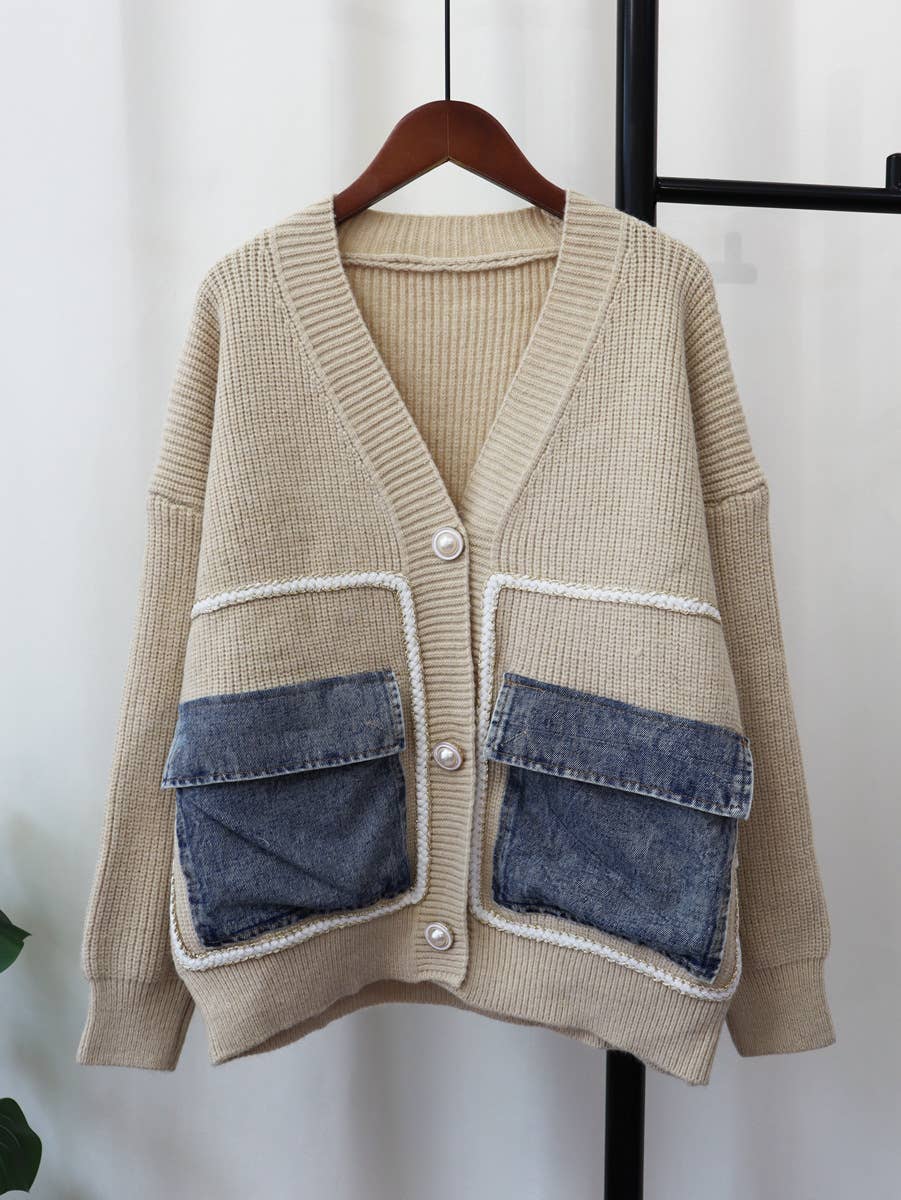HIDDENBRAND - Wholesale Cardigan - Women's - Elegance Vintage Denim Pockets Sweater Cardigan0