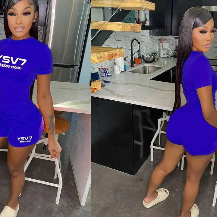 DAMERS FIGURSYDDA KOBOLTBLÅA KORTA SET VIT LOGO för wholesale av YSV7