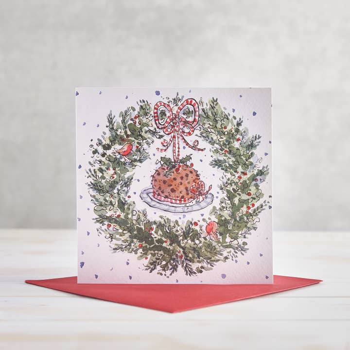 Julepudding og Krans Julehilsen Kort for engroshandel hos Helen Wiseman Illustration