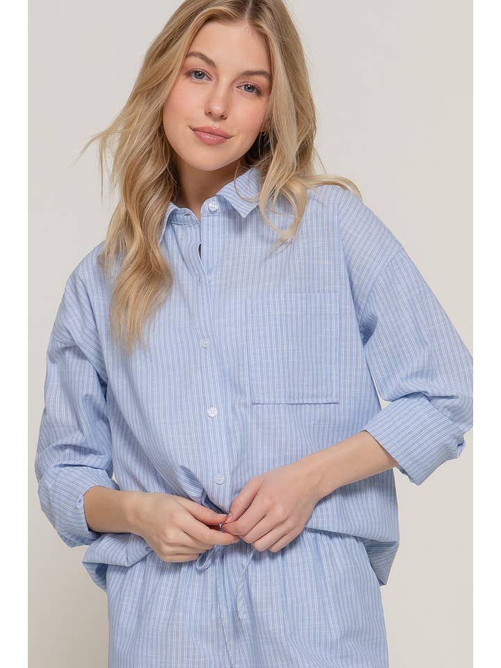 Active Basic | Active USA - Wholesale Button Down Shirt - Women's - Long Sleeve Button Down Y/D Stripe Gauze Shirt