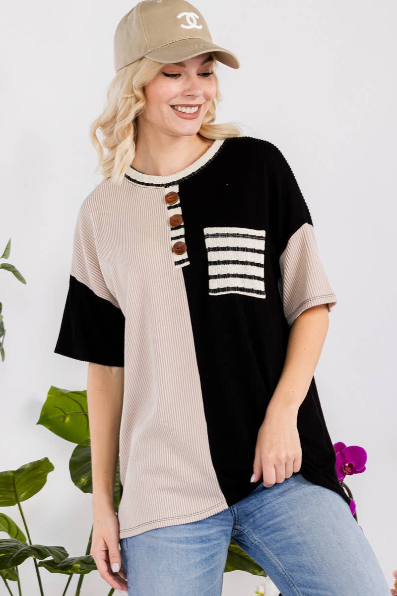 Celeste Clothing - Wholesale Tunic - Women's - URBAN RIB COLOR CONTRAST T-SHIRT WITH POCKET -CT43877A12