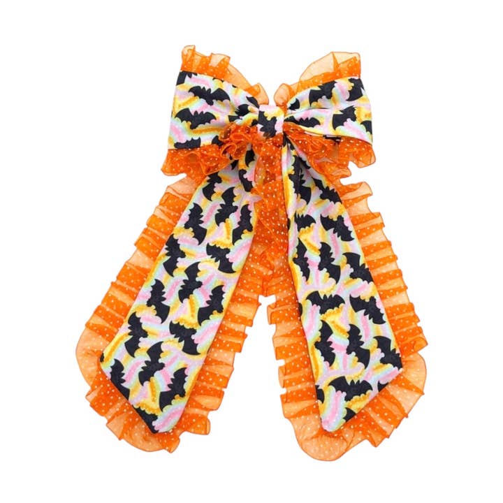 Laço de Cabelo Comprido com Rabo Ondulado de Morcegos Laranja Halloween c/ Clip por atacado de Pretty in Pink Bows