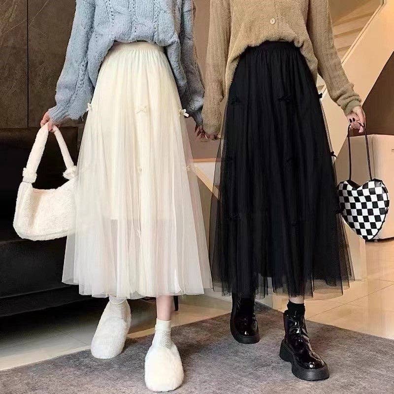 UZ Wholesale Store - Wholesale Skirt - Women's - Solid Color Elastic Waist Bowknots Embellished Mesh Skirt2