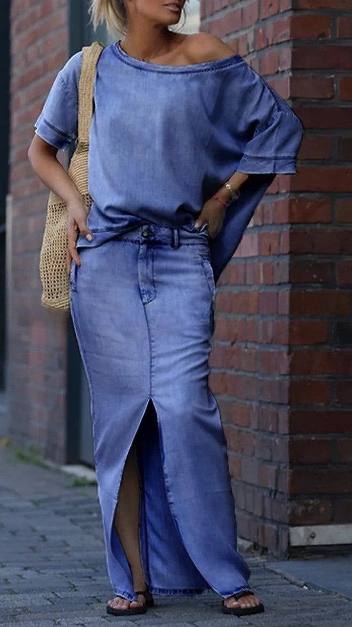 EmberLoom - Vente Ensemble haut et jupe - Femme - Ensemble haut à épaules dénudées et jupe fendue à l'avant2