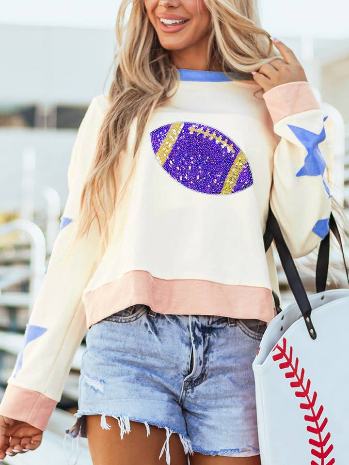 Sweat-shirt à sequins graphique rugby étoilé avec empiècements contrastés pour la vente par FULL TIME PURCHASE