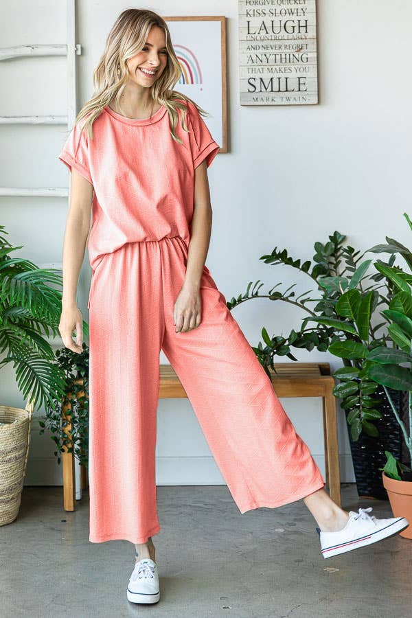 7th Ray - Wholesale Loungeset - Dames - Stevige Getextureerde Korte Mouw Wijde Pijpen Broek Lounge Set TP550412