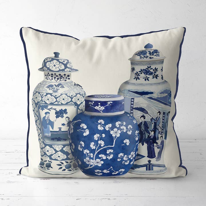 Chinoiserie Vase Trio 2, Throw pillow or outdoor cushion for wholesale by FabFunky Ltd