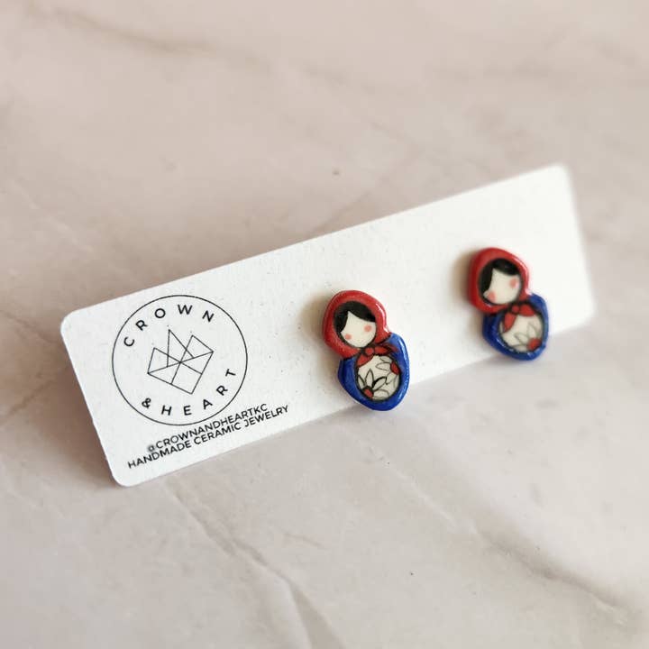 Matryoshka studs for wholesale by Crown & Heart