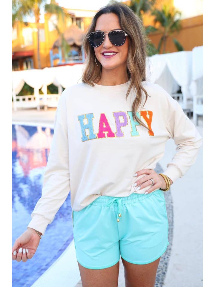 Taupe Happy Patch Pullover for wholesale on Faire2