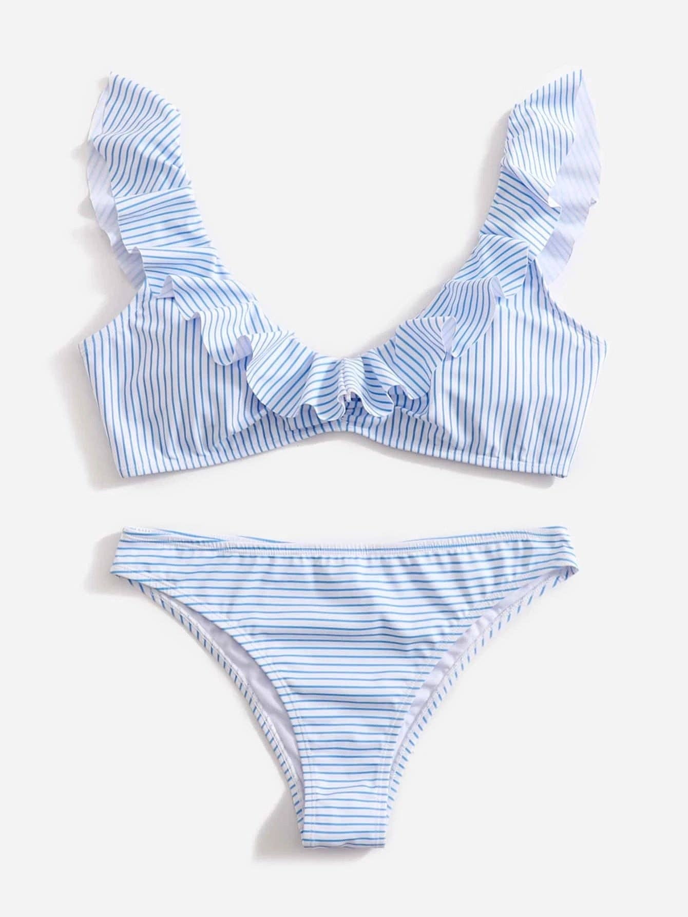 Blue 2PCS Striped Flounce V-Neck Swimwear DP25A986 for wholesale on Faire0