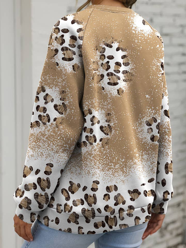Brown Cheetah Print Round Neck Raglan Sleeve Sweatshirt for wholesale on Faire