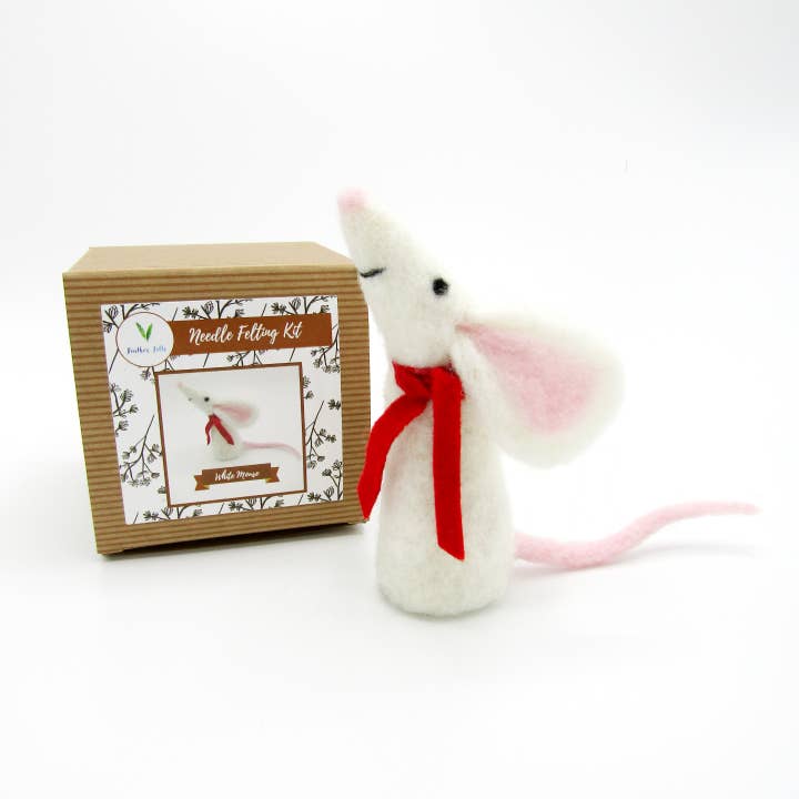 Feather Felts - Wholesale Craft Sewing Kit - White Mouse - Needle Felting Kit