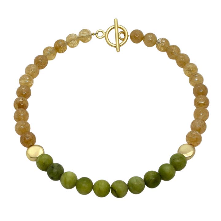 Citrine Quartz And Matte Olive African Jade Necklace With Matte Gold Bead Accents for wholesale by Deborah Grivas Designs