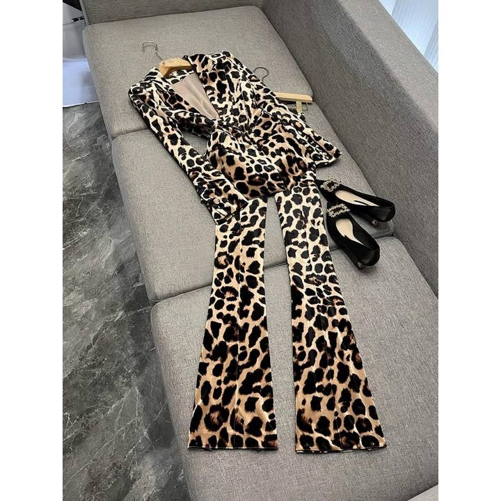 Ensemble blazer en velours à imprimé léopard et pantalon évasé SY526Y 2026 pour la vente par Sanyao Fashion