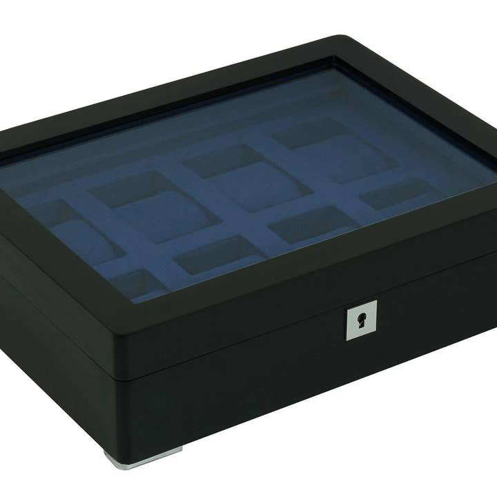 8 Slot Black Wooden Watch Box with Blue Velvet Lining for wholesale by Kennett