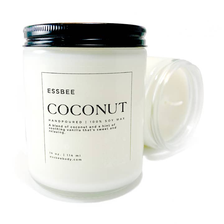 Candela in cera di soia al 100% versata a mano al cocco per la vendita all'ingrosso da parte di Essbee Bath and Body