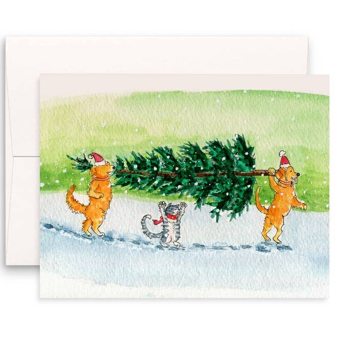 Cat Dog Carry Tree - Funny Christmas Card for wholesale by Liyana Studio