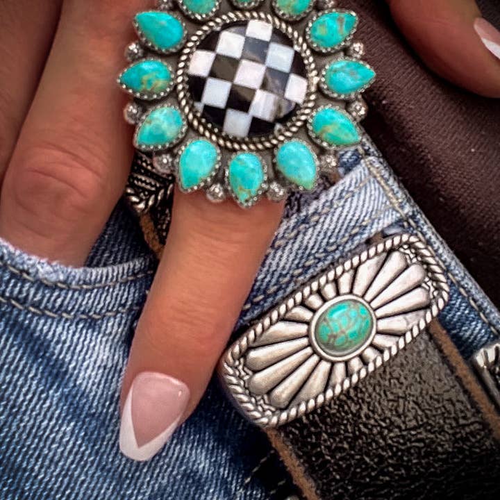 Turquoise & Checkered Sunflower Ring (BIG & SMALL) for wholesale on Faire