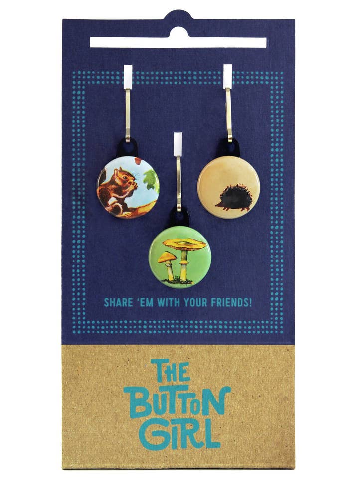 Three Zipper Pull Set -squirrel, Hedgehog, Mushroom for wholesale by The Button Girl