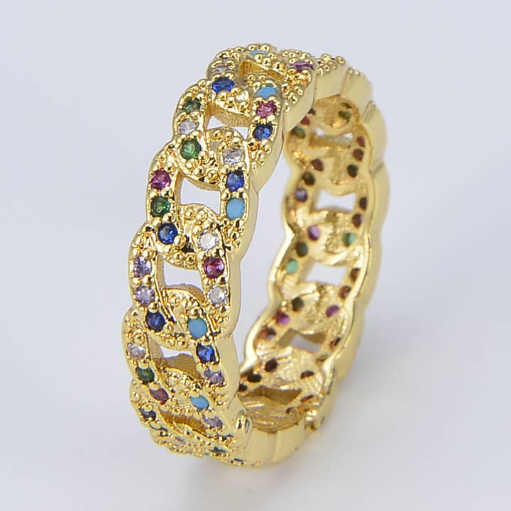 Rainbow CZ cubanske kæde Link Ring, ca. 6-7 USA størrelse RG085 for engroshandel hos Beads Creation