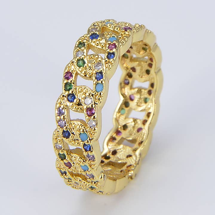 Rainbow CZ Cubaanse kettingschakel ring, ca. 6-7 USA maat RG085 voor wholesale door Beads Creation