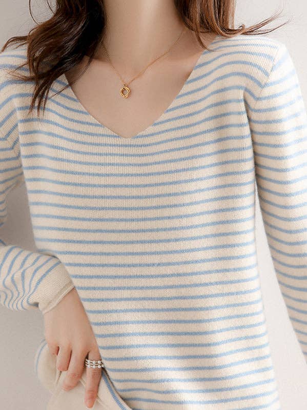 Long Sleeves Loose Contrast Color Striped V-Neck Pullovers Sweater Tops for wholesale by StyleGalX