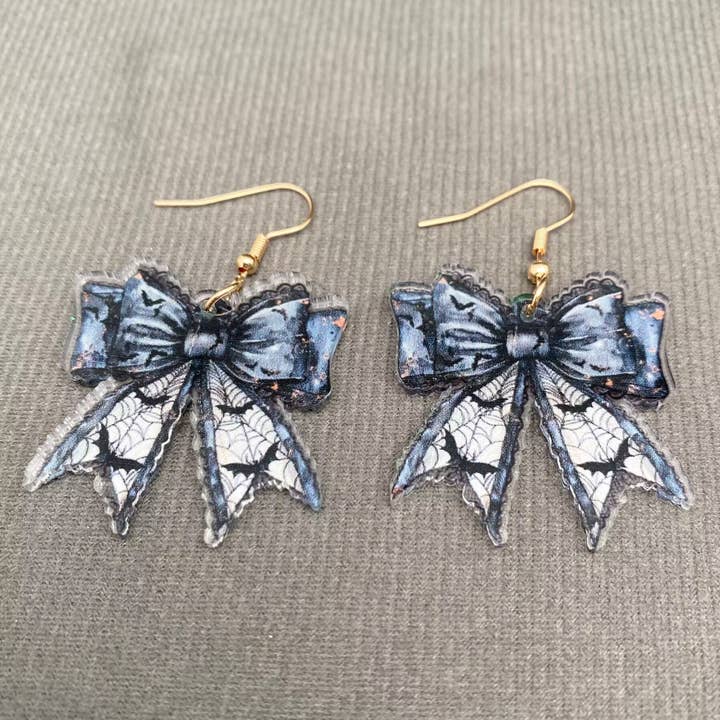 Gothic Acrylic Bat Bow Dangle Earrings for wholesale by Mio Queena