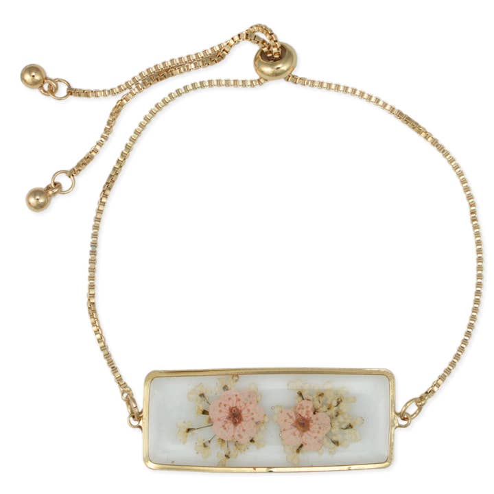 Bracelet à barre coulissante en or rose avec fleurs séchées. pour la vente par ZAD