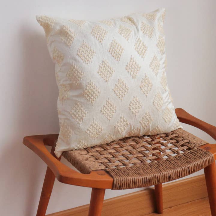 Pillow / Cushion Cover, Handwoven Ikat in Silk & Cotton, Natural Cream, Neutral, White for wholesale by Kasih Co-op